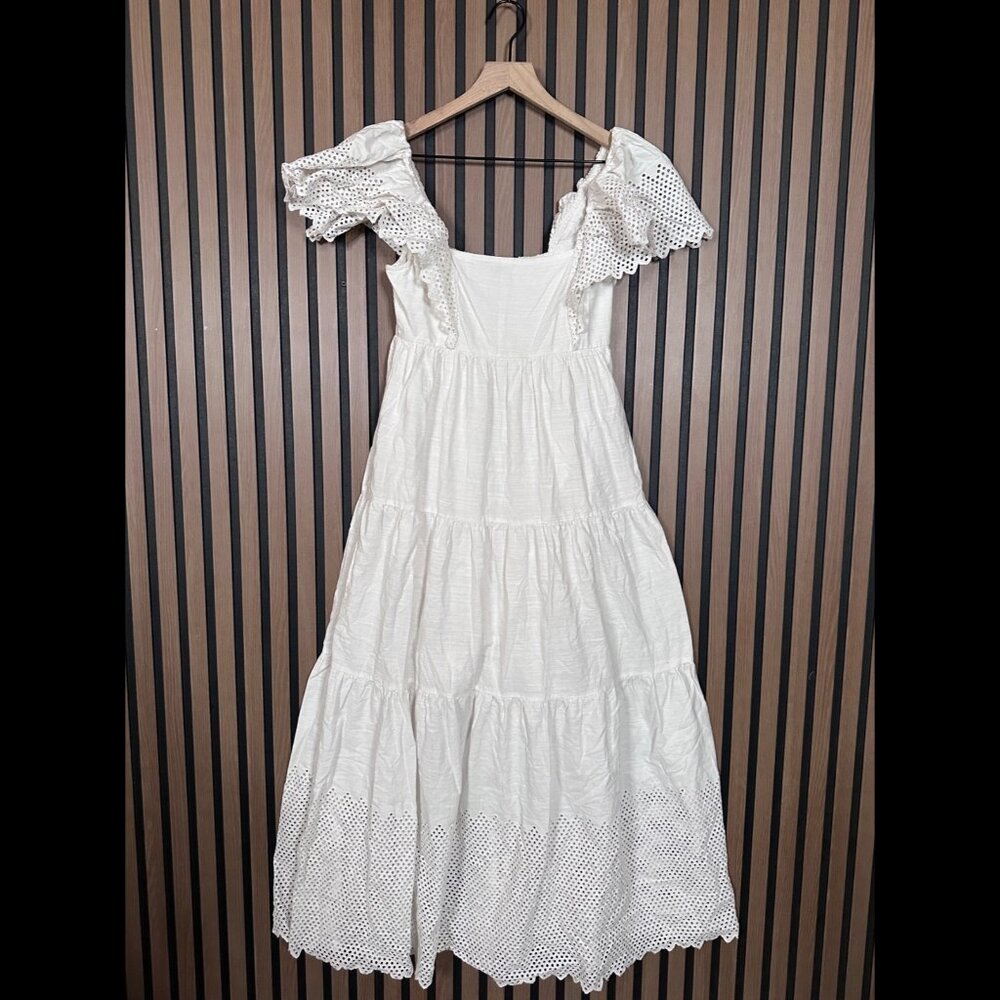 The Great Savanna Dress 1 / S White Smocked Bodice Scallop Eyelet Midi Tiered